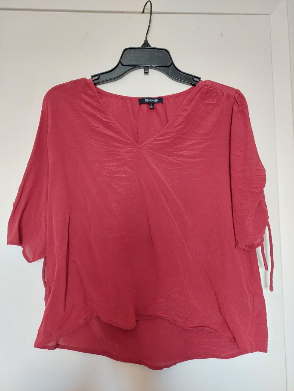 Madewell Silk Blouse Ruched Sleeves Tie Cottagecore | Red | Size Medium‎